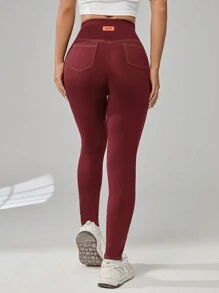 SHEIN EZwear 字母貼布頂針寬腰帶緊身打底褲 - 酒紅色 - 查看 2