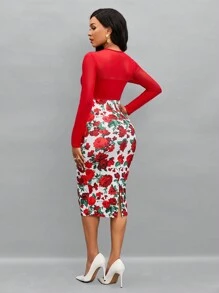 SHEIN Lady Floral Print Mesh Insert Bodycon Dress - Multicolor - View 2
