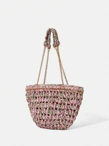 SHEIN VCAY Women's Woven Shoulder Bag With Zipper And Chain Large Capacity Simple And Fashionable Multifunctional - Multicolor - View 6