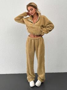 RueChic Half Zip Drop Shoulder Crop Teddy Sweatshirt & Pants - Coffee Brown - View 4