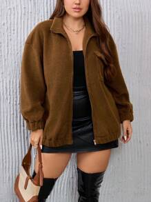 SHEIN Essnce Plus Flap Pocket Drop Shoulder Teddy Coat - Chocolate Brown - View 1