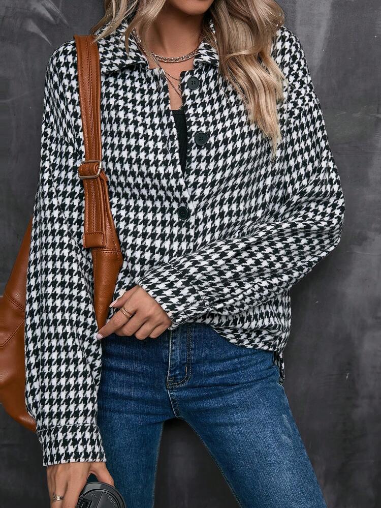 Houndstooth Print Drop Shoulder Coat