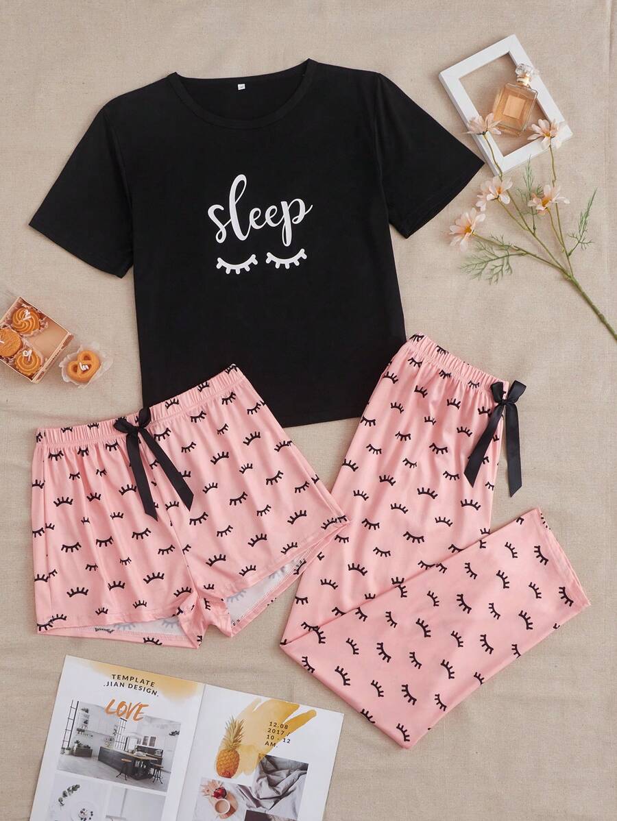 Letter Graphic Tee & Shorts & Pants PJ Set / Pajama Set - Multicolor - View 1