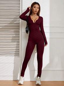 SHEIN EZwear Notched Neckline Unitard Jumpsuit Fall Cloth For Women - Burgundy - View 6