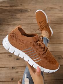 女士針織透氣綁帶極簡風格運動鞋 - 摩卡棕 - 查看 1