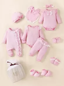 SHEIN Baby Girl 12pcs Contrast Lace Ruffle Trim Bodysuit & Hat & Shoes & Gloves