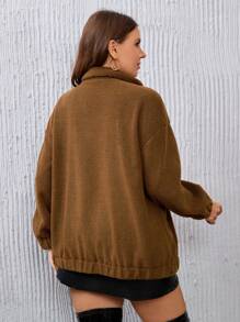 SHEIN Essnce Plus Flap Pocket Drop Shoulder Teddy Coat - Chocolate Brown - View 3