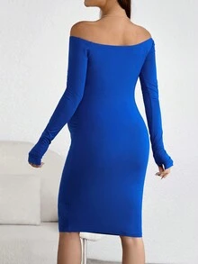 SHEIN 孕婦一字肩緊身洋裝 - 藍色 - 查看 2