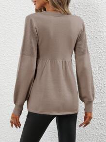 SHEIN LUNE Áo Len Peplum Cổ V Màu Trơn - Màu be - Xem 2