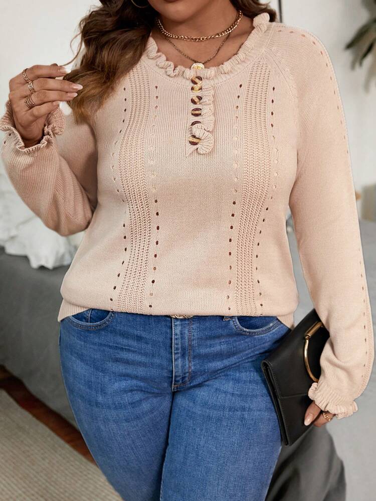 Plus Frill Trim Eyelet Detail Sweater