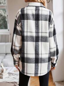Aveloria 格子印花落肩衬衫纽扣衬衫女式，长袖上衣 - 黑與白 - 查看 2