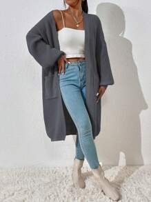 EMERY ROSE Dual Pocket Drop Shoulder Cardigan,Long Sleeve Tops Fall Winter Cloth For Women - Dark Grey - View 6