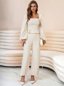 GENKIRA Square Neck Lantern Sleeve Peplum Top & Wide Leg Pants Elegant Business Casual Women  - Apricot - View 6