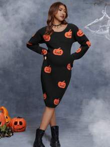 Váy len bó sát họa tiết bí ngô Halloween cho bà bầu, dành cho mùa đông - màu đen - Xem 1