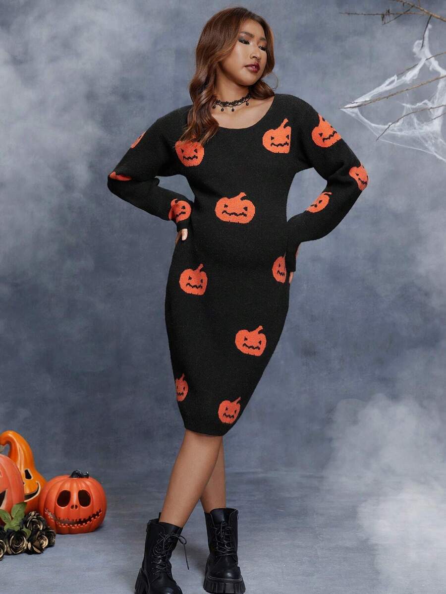 Váy len bó sát họa tiết bí ngô Halloween cho bà bầu, dành cho mùa đông - màu đen - Xem 1