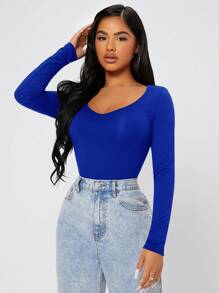 SHEIN PETITE Solid V Neck Tee - Royal Blue - View 1