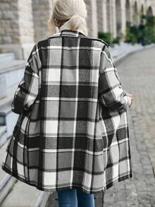 SHEIN Essnce 格紋翻蓋口袋落肩袖花呢外套 - 灰色 - 查看 2