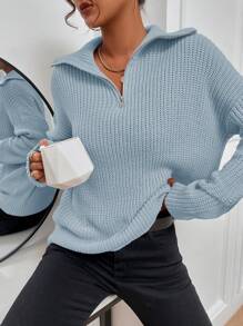 SHEIN Unity Half Zip Drop Shoulder Ribbed Knit Pullover Fall Winter Sweater - Baby Blue - View 3