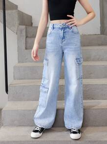 Tween Girl Flap Pocket Side Cargo Jeans - Medium Wash - View 6