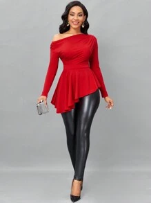 SHEIN Lady 素色不對稱下擺T恤 - 紅色 - 查看 3