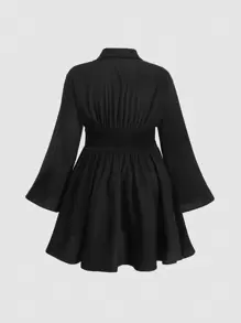 SHEIN MOD فستان بأكمام قرن تُطوى مُجعدة بطية - الأسود - مشاهدة 2