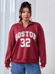 SHEIN EZwear 大碼字母圖案落肩袖1/4拉鍊運動衫 - 紅色 - 查看 5