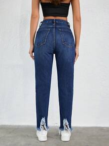 RueChic Studded Beaded Raw Cut Asymmetrical Hem Jeans - Blue - View 2