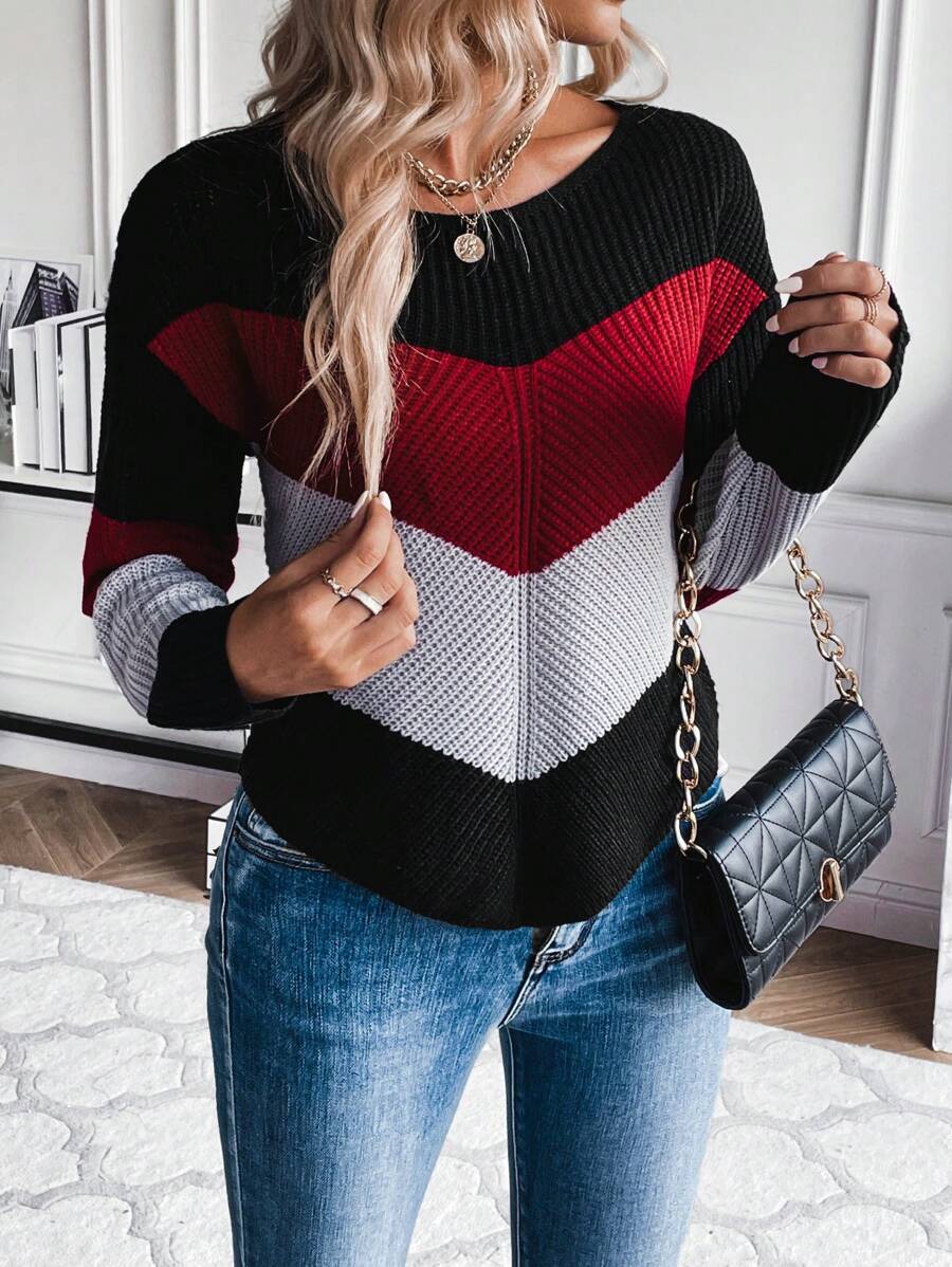 SHEIN LUNE Suéter de manga larga con diseño de bloques de color y patrón de chevron, cuello caído - Multicolor - Ver 1