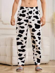 Men Cow Print Flannel Sleep Pants - Black and White - View 1