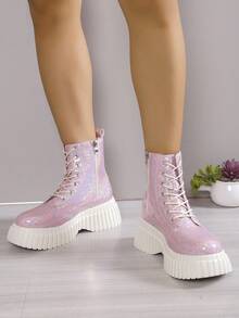 Giày Bốt Cổ Ngắn Cổ Tròn Chunky Phong Cách Châu Âu Thu Đông Tối Giản, Giày Boot Xe Máy Màu Hồng Sáng Bóng - Hồng - Xem 3