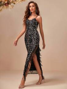 Eilly Bazar Fringe Trim Split Thigh Sequin Formal Dress - Black - View 1