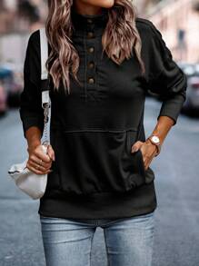 SHEIN LUNE Half Button Kangaroo Pocket Drop Shoulder Sweatshirt,Long Sleeve Tops - Black - View 6