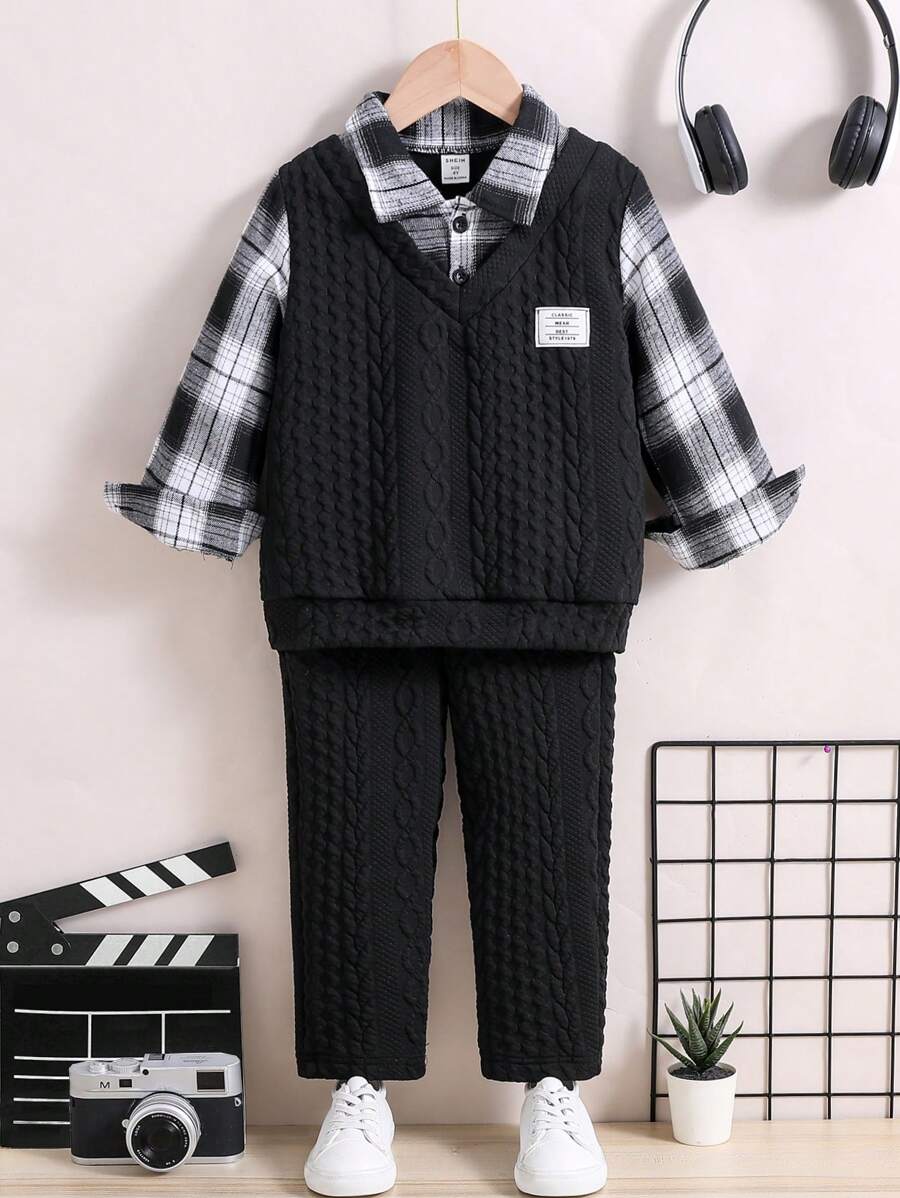 SHEIN Young Boy Plaid 2 In 1 Sweatshirt & Pants - Black - View 1