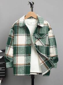 SHEIN 男大童格紋印花翻蓋口袋花呢外套不帶T恤 - 綠色 - 查看 1