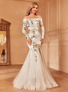 一字肩亮片舞會洋裝 - 白色 - 查看 2