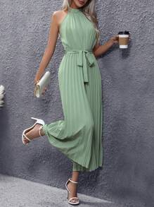 SHEIN Privé Solid Belted Pleated Halter Jumpsuit - Mint Green - View 5