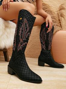 Styleloop Botas de moda de tacón alto hasta la rodilla para mujer con punta y detalles de bordado, botas de vaquero para mujeres