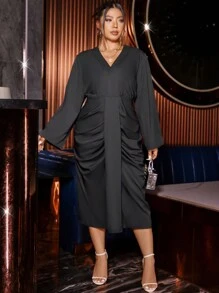 SHEIN Unity Plus Ruched Front Trumpet Sleeve Dress - Black - View 2