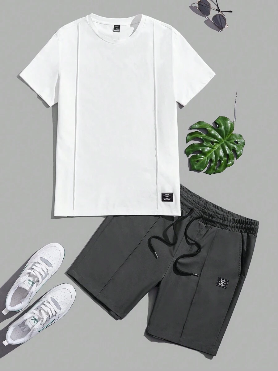 Manfinity VCAY Conjunto de camiseta de manga corta y pantalones cortos de punto ajustado de cuello redondo en color blanco - Gris - Ver 1