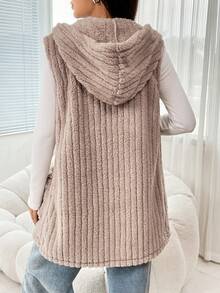 SHEIN EZwear Túi Kép áo có mũ Teddy Áo vest - Màu Khaki - Xem 2