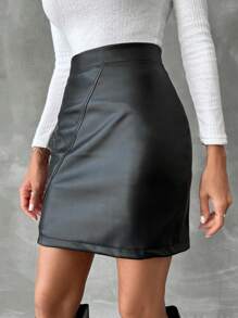 EURMUSE Split Hem PU Leather Skirt - Black - View 4