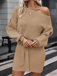 SHEIN LUNE 船領蝙蝠袖腰帶毛衣洋裝