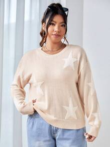SHEIN EZwear 大碼星星圖案落肩袖套頭毛衣 - 杏色 - 查看 4