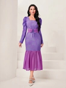 Modelyn Square Neck Puff Sleeve Lace Up Front Mermaid Hem Dress - Purple - View 3