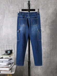 SHEIN Tween Boy Flap Pocket Side Cargo Jeans - Medium Wash - View 2