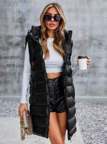 EURMUSE Slant Pockets Hooded Vest Puffer Coat - Black - View 4