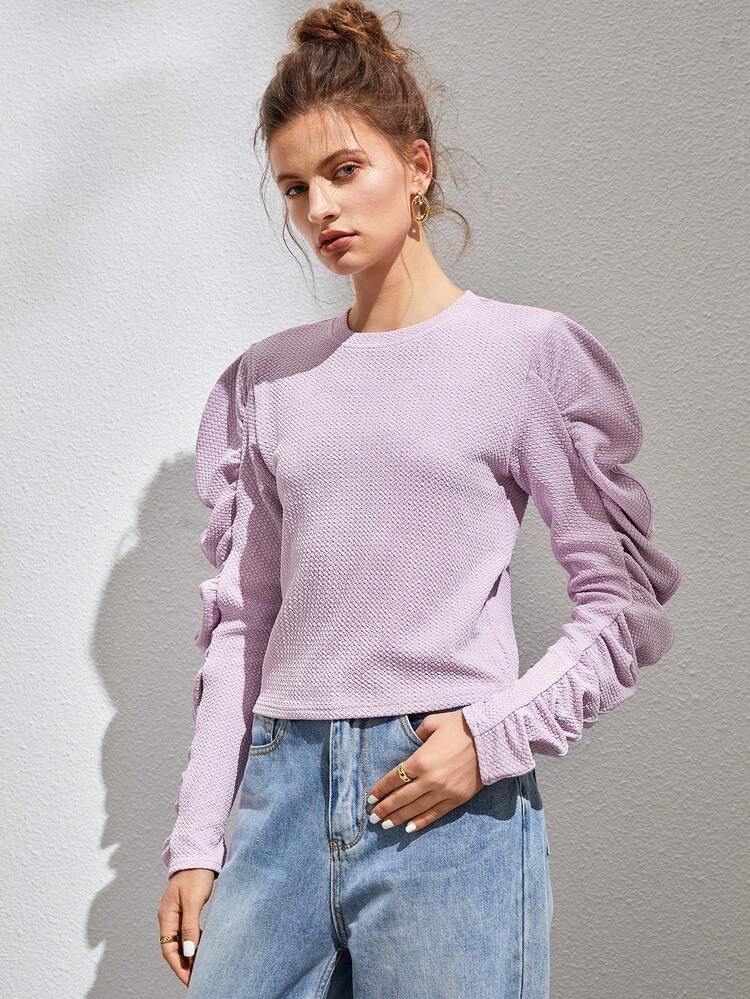 Ruched Puff Sleeve Tee Fall Cloth For Women