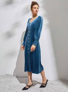 Button Decor Velvet Fitted Dress Fall Cloth For Women - Blue - View 5
