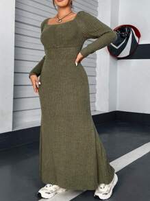 Flirla 大碼方領條紋針織魚尾裙下擺洋裝 - 軍綠色 - 查看 4