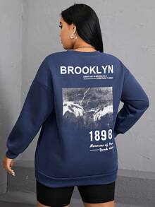 SHEIN EZwear 大碼標語圖案落肩袖運動衫 - 藍色 - 查看 3